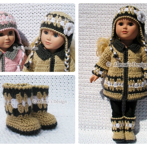 18 inch Doll Clothes Crochet Patterns American Doll Crochet Pattern Jacket Boots Ear Flap Hat Dolls Sweater Christmas Gift for Girl