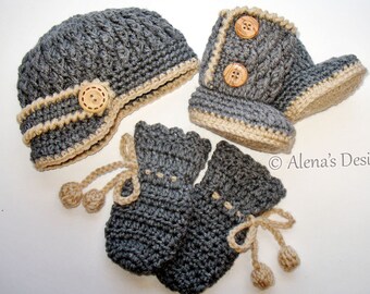 Crochet Baby Set Pattern, Two-Button Booties, Visor Hat Pattern, Thumb-less Mittens Pattern, Newborn Baby Boy Baby Girl