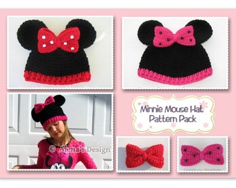 Pattern Pack Minnie Mouse Hat ALL sizes Crochet Patterns Mickey Mouse Hat Baby Children Teen Adult Hat with Mouse Ears Crocheted Bow Gift