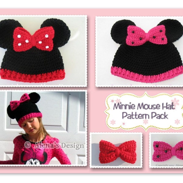 Pattern Pack Minnie Mouse Hat ALL sizes Crochet Patterns Mickey Mouse Hat Baby Children Teen Adult Hat with Mouse Ears Crocheted Bow Gift