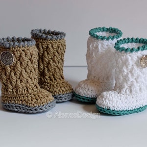 May include: Two pairs of crocheted baby booties. One pair is brown with a gray trim and the other pair is white with a teal trim. Both pairs have a button on the side.
