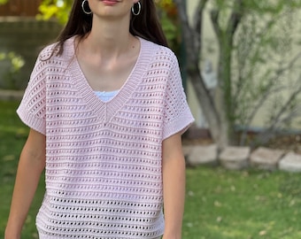 Sofia Lace Top Knitting Pattern 267, V-neck Summer Tee, Drop Shoulder Pullover for Women Girls