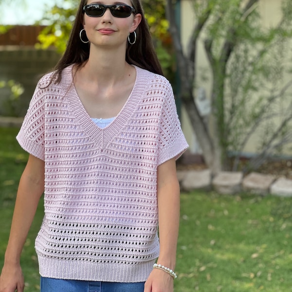 Sofia Lace Top Knitting Pattern 267, V-neck Summer Tee, Drop Shoulder Pullover for Women