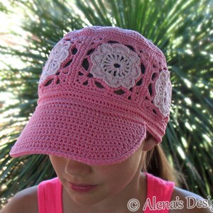 Crochet Pattern 196 Visor Ponytail Cap Hat Crochet Patterns Girls Ladies Child Adult Pink Hat Beanie Summer Visor Flower Motif image 2