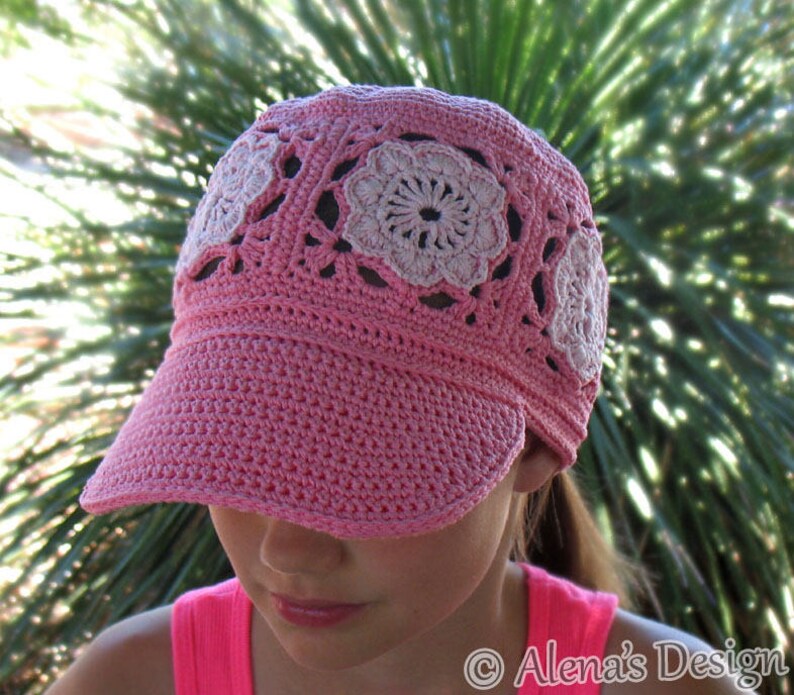 Crochet Pattern 196 Visor Ponytail Cap Hat Crochet Patterns Girls Ladies Child Adult Pink Hat Beanie Summer Visor Flower Motif image 2