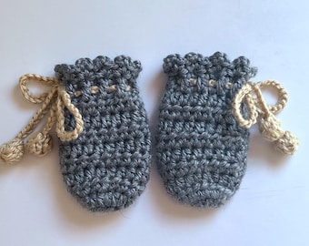 Crochet Pattern 115 Grey Baby Mittens, Thumb-less Mitten Pattern
