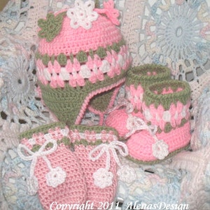 Crochet PATTERN Set Blossom Hat Baby Booties Baby Thumb-less Mittens Crochet Patterns Baby Girl Toddler Children Ear Flap Hat Pink Booties image 6