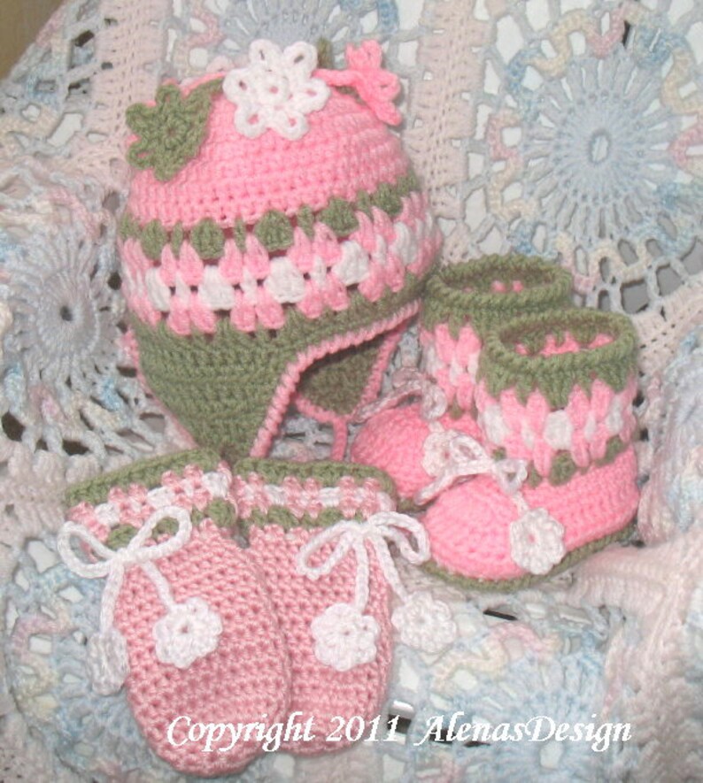 Crochet PATTERN Set Blossom Hat Baby Booties Baby Thumb-less Mittens Crochet Patterns Baby Girl Toddler Children Ear Flap Hat Pink Booties image 6