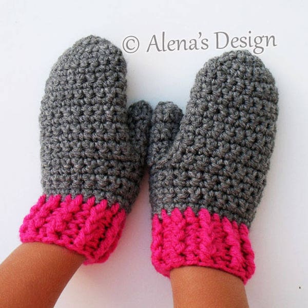 Crochet Mitten Pattern 104 | Children's Mittens in four sizes | Toddler Big Kid Teens Children Boys Girls Unisex Gloves Grey Pink Green