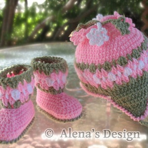 Crochet PATTERN Set Blossom Hat Baby Booties Baby Thumb-less Mittens Crochet Patterns Baby Girl Toddler Children Ear Flap Hat Pink Booties image 10