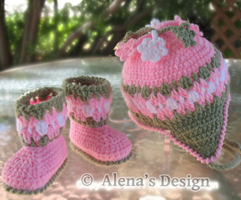 Crochet PATTERN Set Blossom Hat Baby Booties Baby Thumb-less Mittens Crochet Patterns Baby Girl Toddler Children Ear Flap Hat Pink Booties image 10