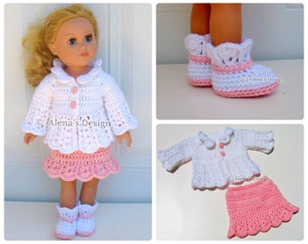 Crochet Patterns | 18 in Doll Pink and White Set | Jacket Skirt Boots