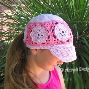 Crochet Pattern 196 Visor Ponytail Cap Hat Crochet Patterns Girls Ladies Child Adult Pink Hat Beanie Summer Visor Flower Motif image 3