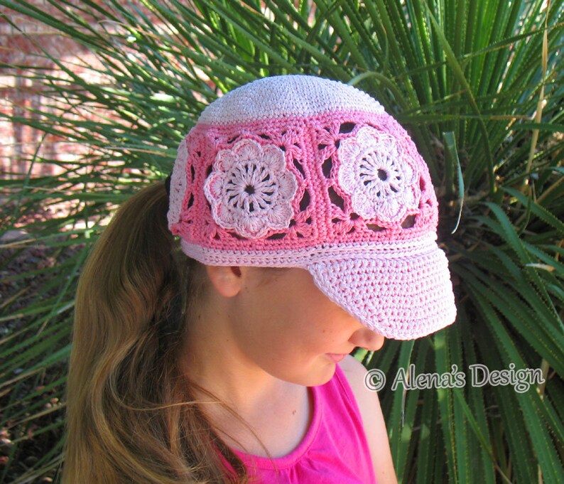 Crochet Pattern 196 Visor Ponytail Cap Hat Crochet Patterns Girls Ladies Child Adult Pink Hat Beanie Summer Visor Flower Motif image 3