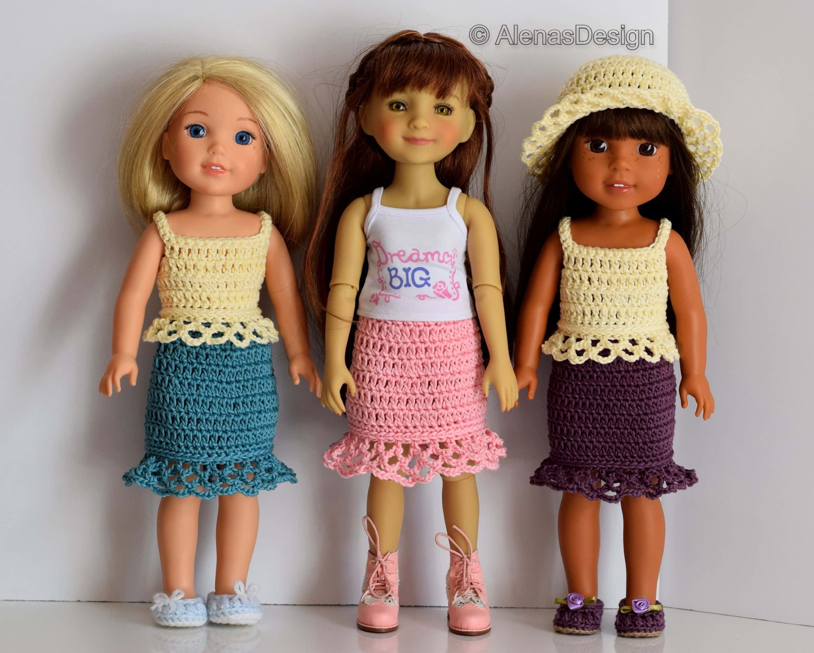 Doll Clothes Crochet Patterns 4 PC Summer Ensemble, Lace Sun Hat Top Skirt Shoes for 13 Inch and ...