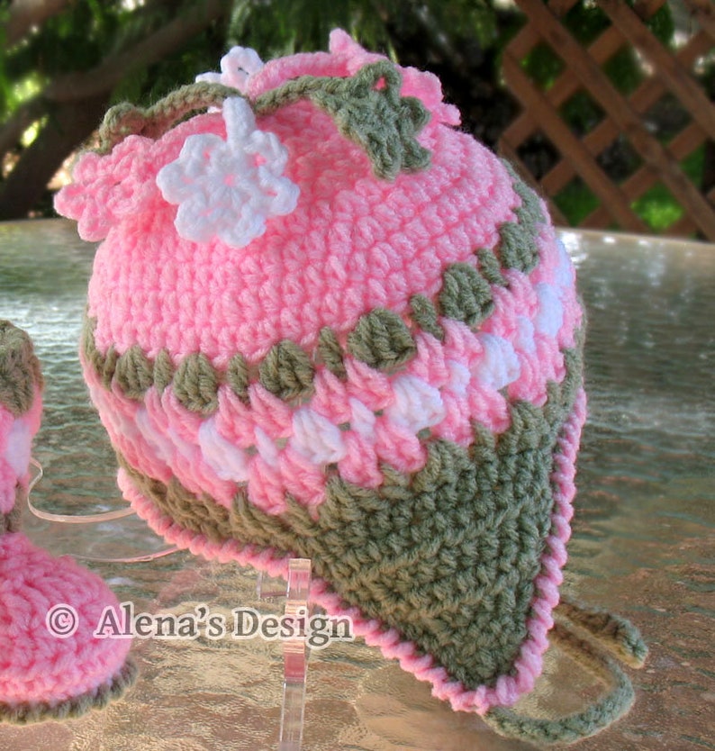 Crochet PATTERN Set Blossom Hat Baby Booties Baby Thumb-less Mittens Crochet Patterns Baby Girl Toddler Children Ear Flap Hat Pink Booties image 7