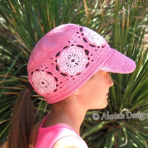 Crochet Pattern 196 Visor Ponytail Cap Hat Crochet Patterns Girls Ladies Child Adult Pink Hat Beanie Summer Visor Flower Motif image 5