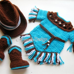 May include: A crocheted baby outfit in brown, turquoise, and white. The outfit includes a hat, dress, and booties. The dress has fringe trim and a brown belt. The hat has a white band.