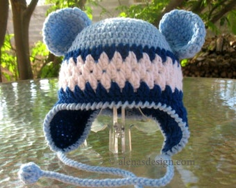 Crochet Pattern 002 Hat with Bear Ears Blue Bear Hat Earflap Hat Baby Boy Baby Girl Toddler Child Adult Winter Hat Animal Hat