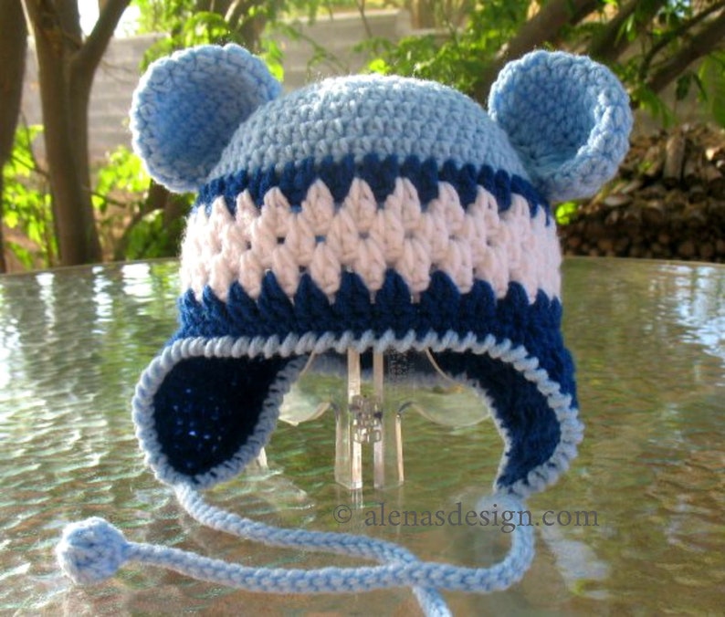 Crochet Pattern 002 Hat with Bear Ears Blue Bear Hat Earflap Hat Baby Boy Baby Girl Toddler Child Adult Winter Hat Animal Hat image 1