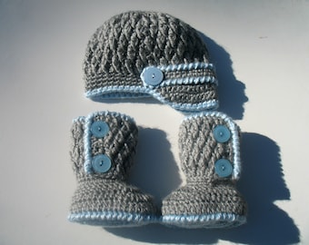 Crochet Pattern Set Two-Button Baby Booties & Visor Hat | Newborn Baby Boy Baby Girl