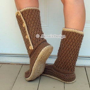 Crochet pattern for the Buttoned Women's Boots in six sizes: US Shoe sizes - 5-6 (7, 8, 9, 10, 11-12). The Boots are made with two soles, yarn sole and jute sole, but you may make two yarn soles as well.