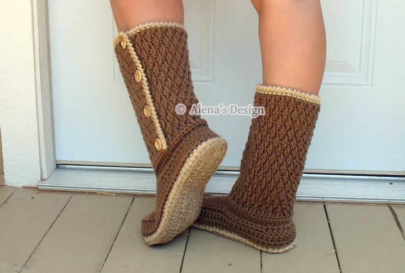 Crochet pattern for the Buttoned Women's Boots in six sizes: US Shoe sizes - 5-6 (7, 8, 9, 10, 11-12). The Boots are made with two soles, yarn sole and jute sole, but you may make two yarn soles as well.