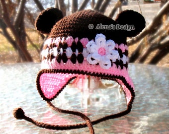 Bear Hat with Flower Crochet Pattern #001, Earflap Hat wit Bear Ears for Baby Boy, Baby Girl, Toddler, Child, Adult | Animal Hat