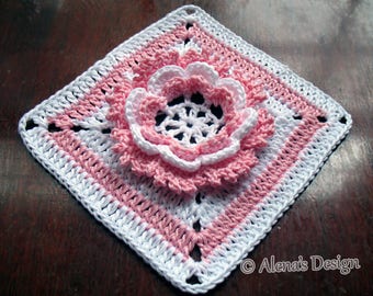 Crochet Pattern 195 Glorious Flower Granny Square Crochet Flower Motif Afghan Block Blanket Pillow 3D Flower