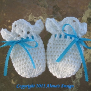Crochet Pattern 044 Baby Thumb-less Lace Cuff  Mittens Crochet Patterns Baby Boy Girl White Baby Mittens Blue Pink Ribbon Newborn Gloves