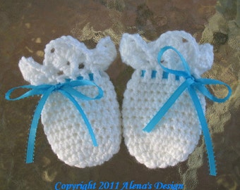 Crochet Pattern 044 Baby Thumb-less Lace Cuff  Mittens Crochet Patterns Baby Boy Girl White Baby Mittens Blue Pink Ribbon Newborn Gloves