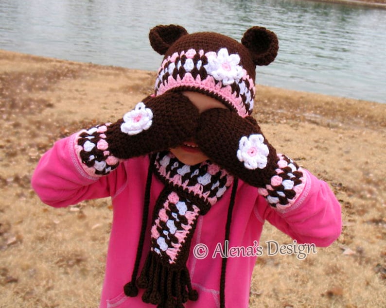 Crochet PATTERN Set Bear Hat Children/'s Mittens Scarf Girls Toddler Child Winter Set Earflap Hat Adult Scarf Brown Pink Mittens Christmas