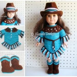 Western Doll Outfit Crochet Pattern Set 18 in Doll Clothes Crochet Patterns American Doll Boots Cowgirl Hat Dress My Life As Doll Gift Girl