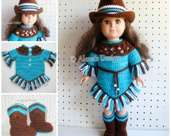 Western Doll Outfit Crochet Pattern Set 18 in Doll Clothes Crochet Patterns American Doll Boots Cowgirl Hat Dress My Life As Doll Gift Girl