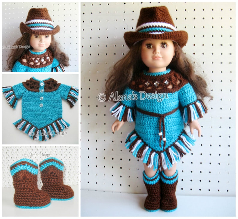 May include: Crocheted doll outfit in turquoise, brown, and white with a cowboy hat, boots, and a fringe trim.  "Alena's Design" is written on the image.