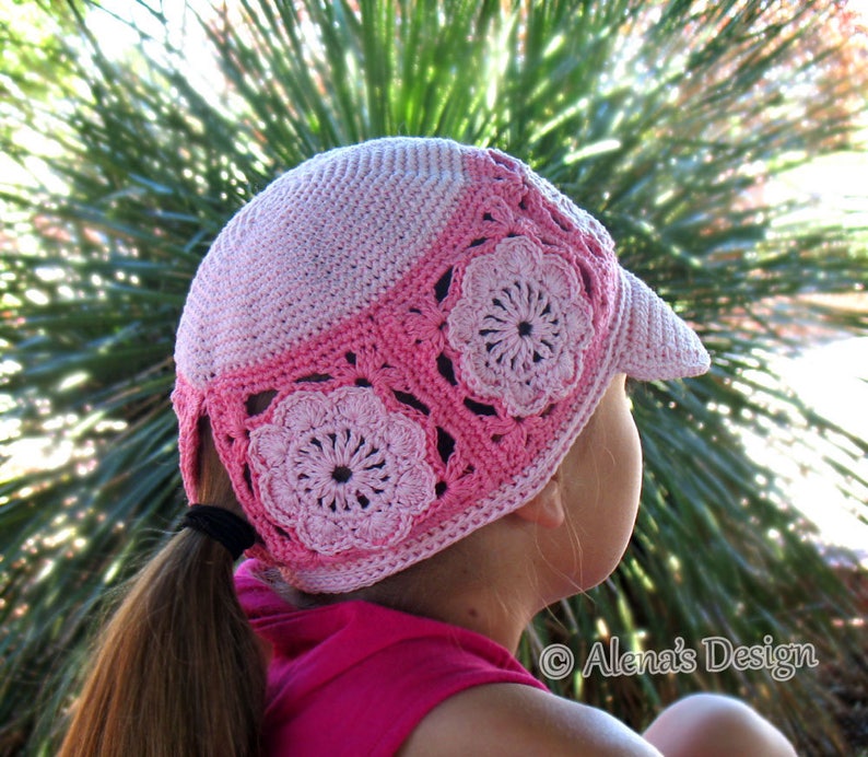 Crochet Pattern 196 Visor Ponytail Cap Hat Crochet Patterns Girls Ladies Child Adult Pink Hat Beanie Summer Visor Flower Motif image 1