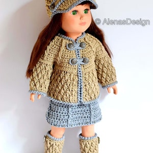 May include: A crocheted outfit for a doll, featuring a brown and blue jacket, skirt, and boots, with a brown and blue hat. The outfit has decorative buttons and a braided trim.
