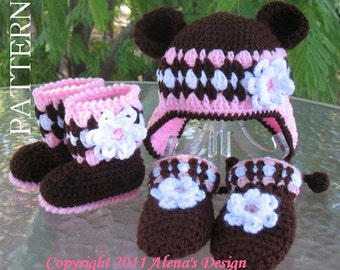 Crochet PATTERN Set - Bear Hat , Baby Booties and Baby Mittens - Baby Girl - Winter Booties - Brown Booties - Slippers - Ear Flap Hat Child