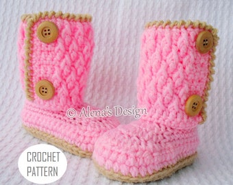 Crochet Pattern 107 | Crochet Boots Pattern |Two-Button Toddler Booties | Girls Boys Slipper Pattern Pink Gray Brown