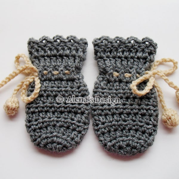 Crochet Pattern 115 Grey Baby Mittens Thumb-less Mitten Pattern