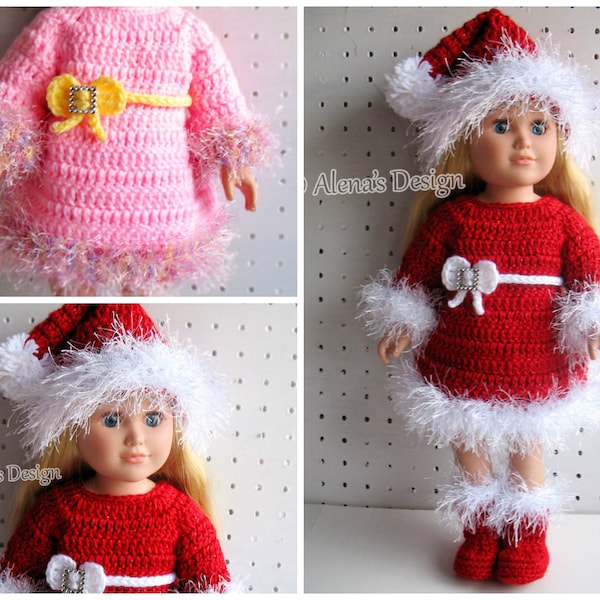 18 inch Doll Crochet Patterns Christmas Doll Outfit Santa Hat Red Dress Boots