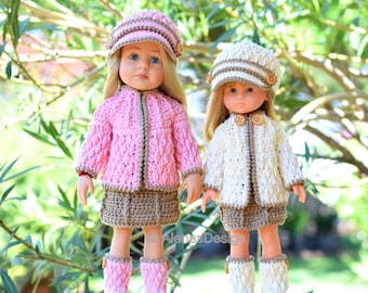 13 inch and 14.5 inch Doll Crochet Patterns 4 PC Set, Visor Hat, Jacket, Skirt, and Boots in two sizes