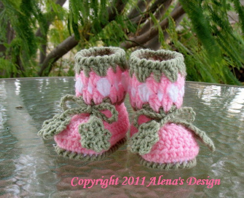 Crochet PATTERN Set Blossom Hat Baby Booties Baby Thumb-less Mittens Crochet Patterns Baby Girl Toddler Children Ear Flap Hat Pink Booties image 4