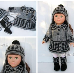 Puede incluir: Un conjunto de muñeca de punto gris y negro con sombrero, abrigo y botas. El conjunto presenta un patrón geométrico en blanco y negro. El texto "Alena's Design" es visible en la imagen.