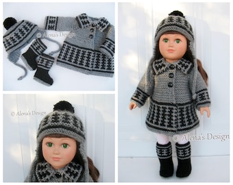 Knitting Patterns 3 PC Set for 18 inch Doll  Coat Jacket Boots Ear Flap Hat for American Doll Outfit My Life As Christmas Gift for Girl