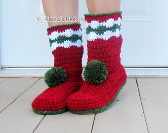 Crochet Boot Pattern, Women's Christmas Slipper Boots