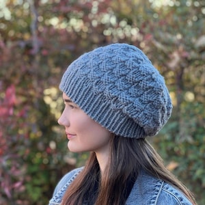 Knitting Pattern 157 Slouchy Beanie Hat for Teen Adult, Men Women Winter Hat in Textured Basket Weave Pattern
