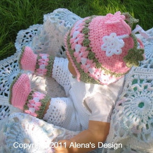 Crochet PATTERN Set Blossom Hat Baby Booties Baby Thumb-less Mittens Crochet Patterns Baby Girl Toddler Children Ear Flap Hat Pink Booties image 2