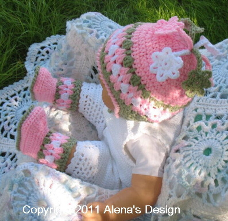 Crochet PATTERN Set Blossom Hat Baby Booties Baby Thumb-less Mittens Crochet Patterns Baby Girl Toddler Children Ear Flap Hat Pink Booties image 2