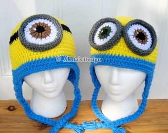 Crochet Pattern 200 Crochet Hat Pattern Minion Hat Ear Flap Hat Toddler Boy Girl Teen Adult Hat Pattern Winter Christmas Gift